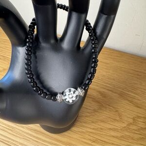 Glass Beaded Elastic Bracelet Black Millefiori Glass Coin Flower Carved Bicone